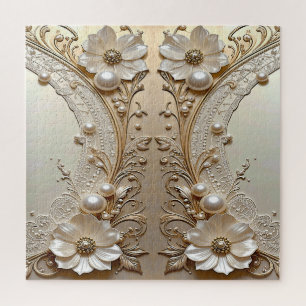 Modern White Flowers Pearls Jigsaw Puzzle