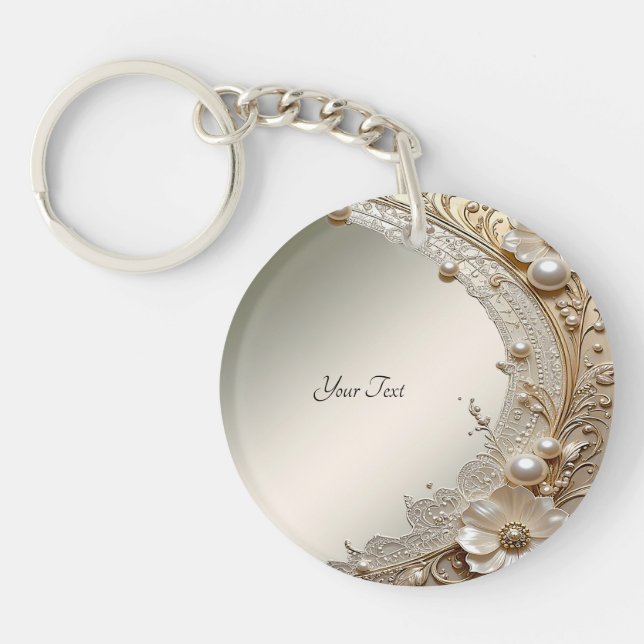 Modern White Flowers Pearls Keychain (Front)