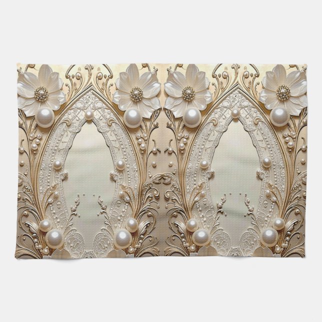 Modern White Flowers Pearls Kitchen Towel (Horizontal)