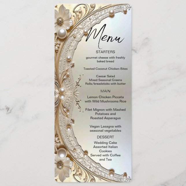 Modern White Flowers Pearls Menu (Front)