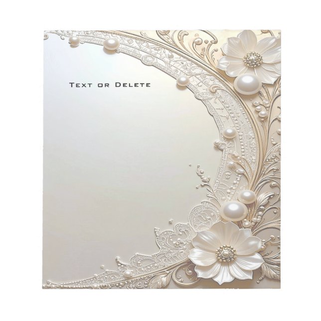 Modern White Flowers Pearls Notepad (Front)