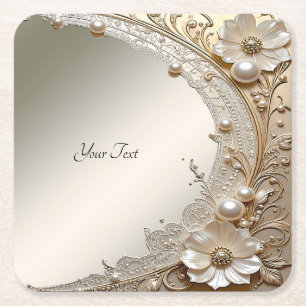 Modern White Flowers Pearls Paper Coaster