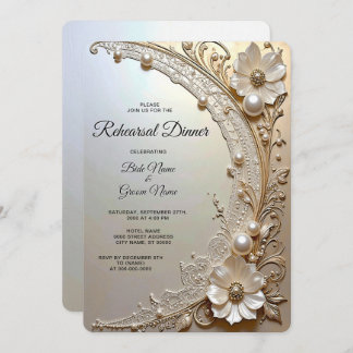 Modern White Flowers Pearls Rehearsal Dinner Invitation