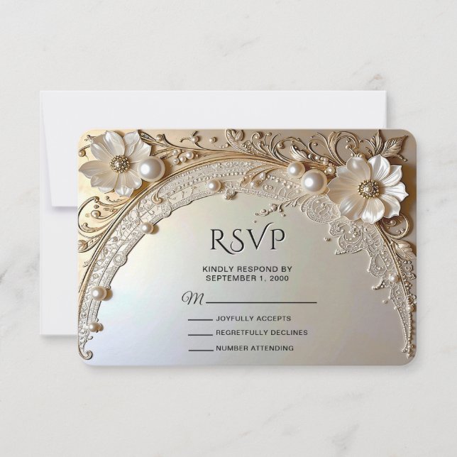 Modern White Flowers Pearls RSVP Card (Front)
