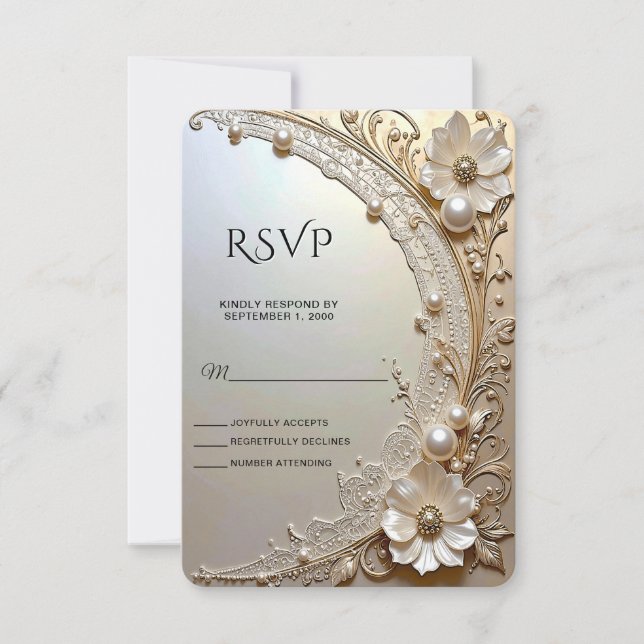 Modern White Flowers Pearls RSVP Card (Front)