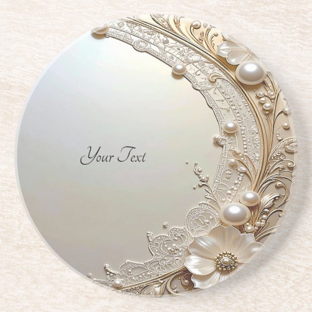 Modern White Flowers Pearls Sandstone Coaster (Front)