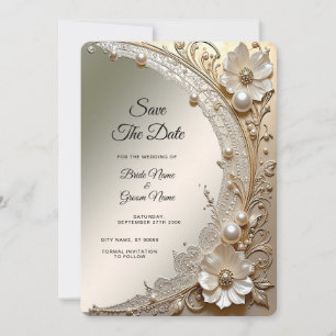 Modern White Flowers Pearls Save the Date