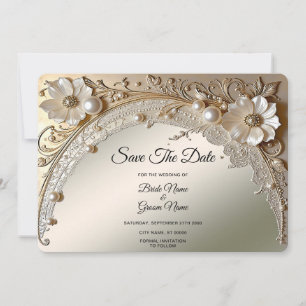Modern White Flowers Pearls Save The Date