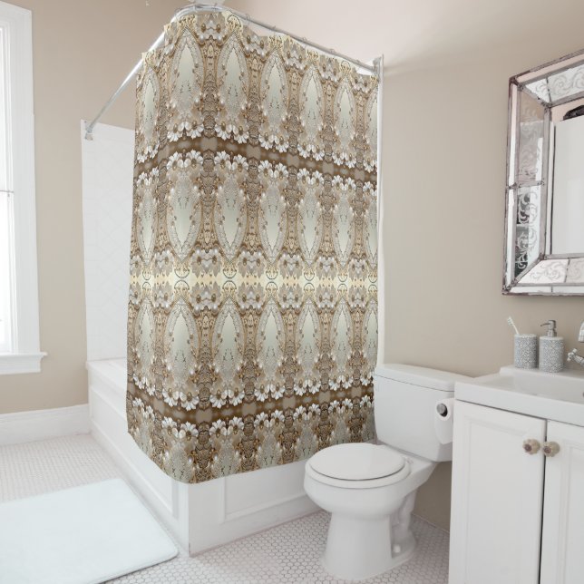 Modern White Flowers Pearls Shower Curtain (In Situ)