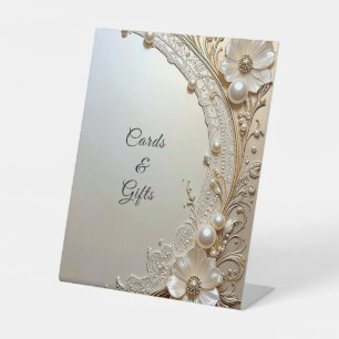 Modern White Flowers Pearls Tabletop Signs