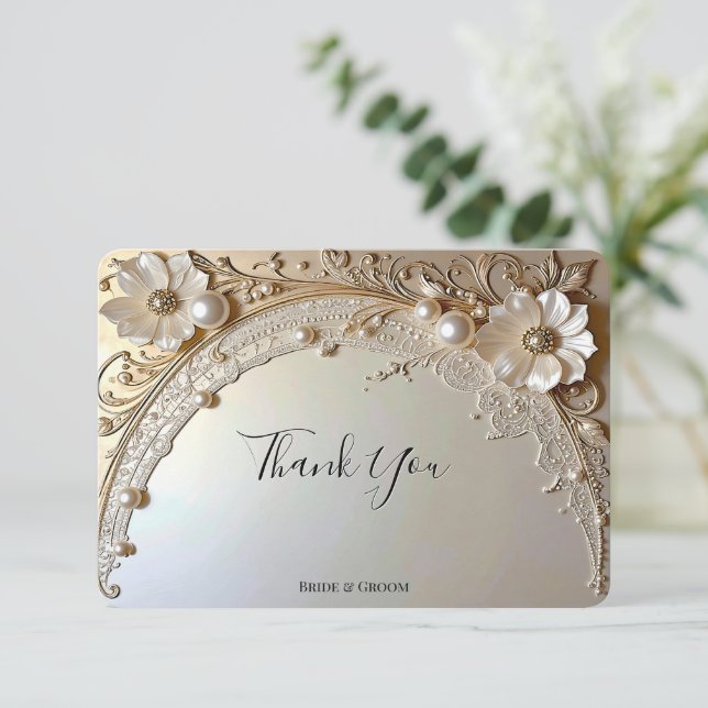 Modern White Flowers Pearls Thank You Card (Standing Front)