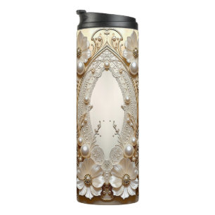 Modern White Flowers Pearls Thermal Tumbler