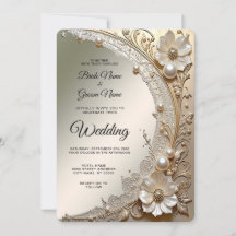 Modern White Flowers Pearls Wedding Invitation