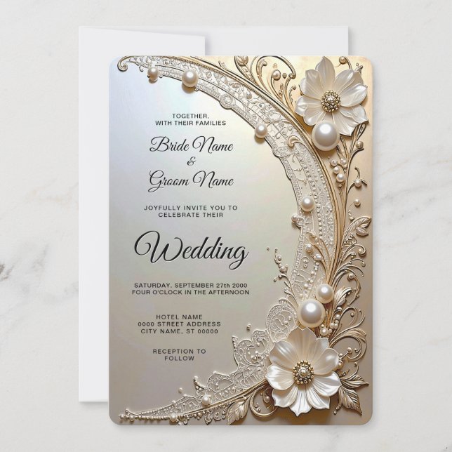 Modern White Flowers Pearls Wedding Invitation (Front)