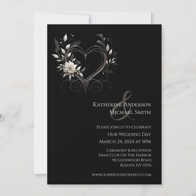 Modern White Flowers with a Heart Invitation (Front)