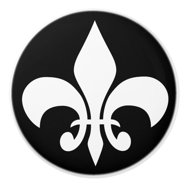 Modern White French Lily Fleur-de-lis on Black Ceramic Knob (Front)