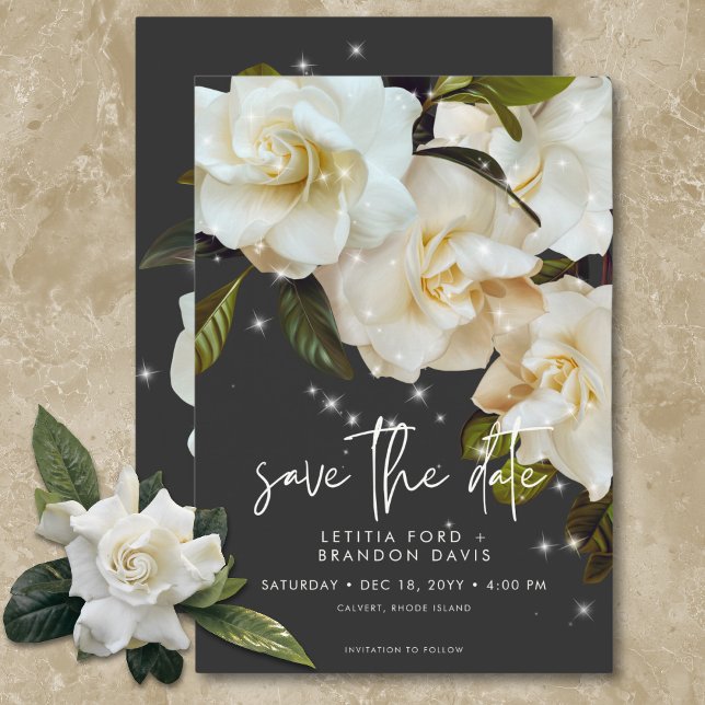 Modern White Gardenias on Black Sparkle Wedding Save The Date (Modern White Gardenias on Black Sparkle Wedding Save The Date)