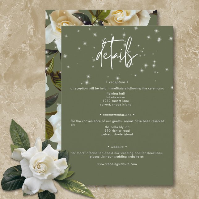 Modern White Gardenias on Sage Sparkle Details Enclosure Card (Modern White Gardenias on Sage Sparkle Details Enclosure Card)