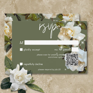 Modern White Gardenias on Sage Sparkle QR Code RSVP Card
