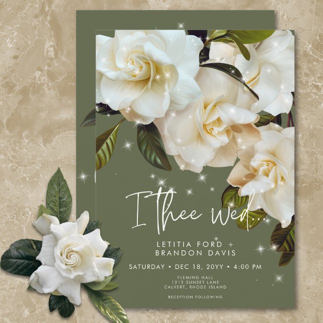 Modern White Gardenias on Sage Sparkle Wedding Invitation (Modern White Gardenias on Sage Sparkle Wedding Invitation)