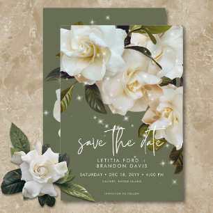 Modern White Gardenias on Sage Sparkle Wedding Save The Date