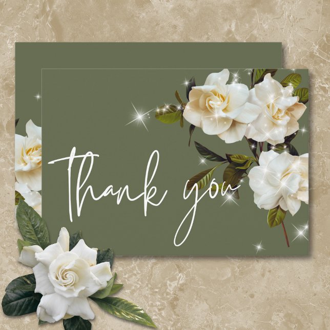 Modern White Gardenias on Sage Sparkle Wedding Thank You Card (Modern White Gardenias on Sage Sparkle Wedding Thank You Card)