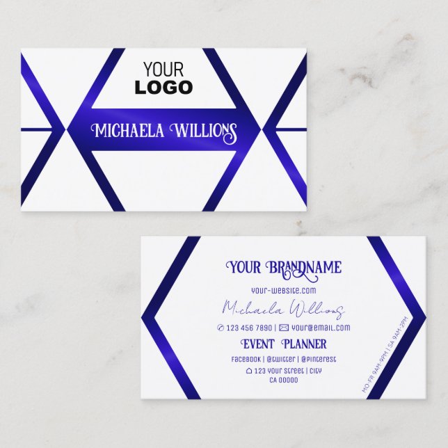 Modern White Geometric Blue Shimmer Chic with Logo Business Card (Front/Back)