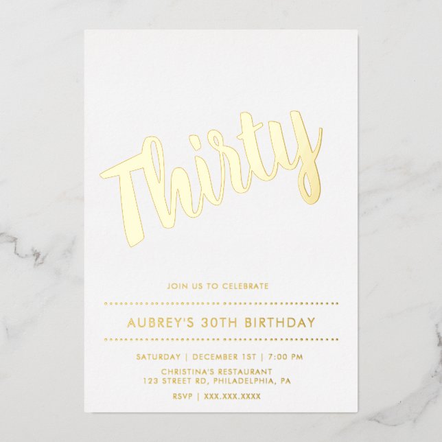 Modern White Gold 30th Birthday Foil Invitation (Front)