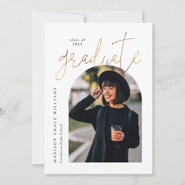 Modern White Gold Arch Graduation  Invitation (Front)