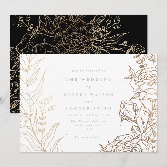 Modern White Gold Black Elegant Floral Wedding Invitation (Front/Back)