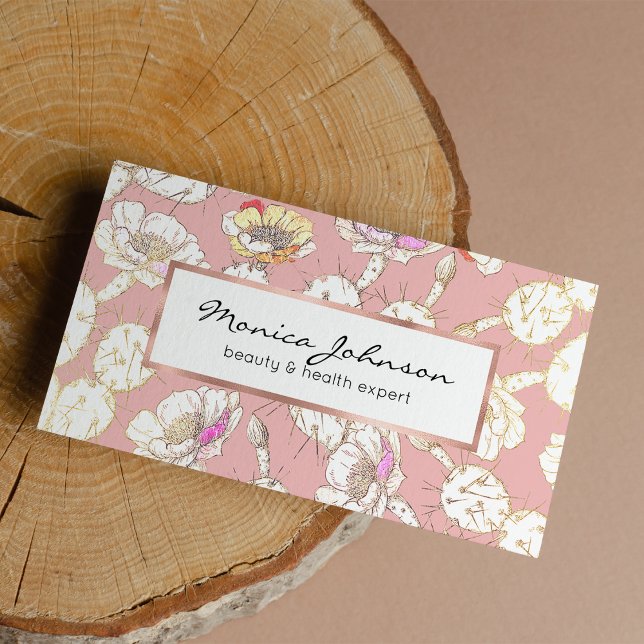 Modern White Gold Blush Pink Cactus Floral Pattern Business Card (Modern White Gold Blush Pink Cactus Floral Pattern)