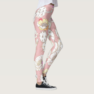 Modern White Gold Blush Pink Catus Floral Pattern Leggings