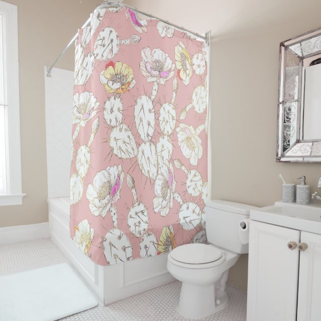 Modern White Gold Blush Pink Catus Floral Pattern Shower Curtain (In Situ)