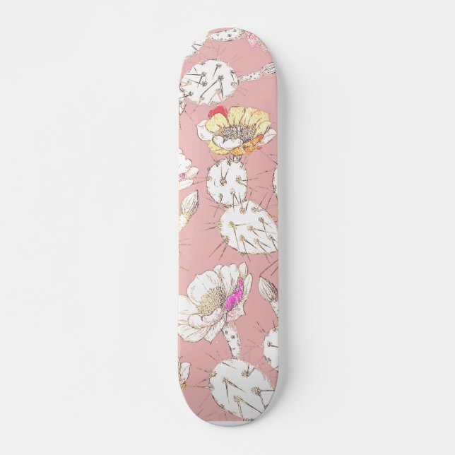 Modern White Gold Blush Pink Catus Floral Pattern Skateboard (Front)