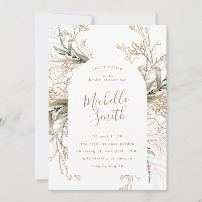 Modern White Gold Boho Eucalyptus Bridal Shower Invitation (Front)
