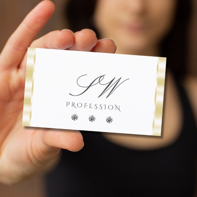 Modern White Gold Border Sparkle Diamonds Monogram Business Card (Creator Uploaded)
