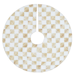 Modern White Gold Chequerboard Pattern Brushed Polyester Tree Skirt