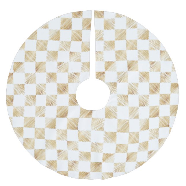 Modern White Gold Chequerboard Pattern Brushed Polyester Tree Skirt (Front)