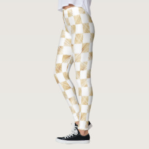 Modern White Gold Chequerboard Pattern Leggings