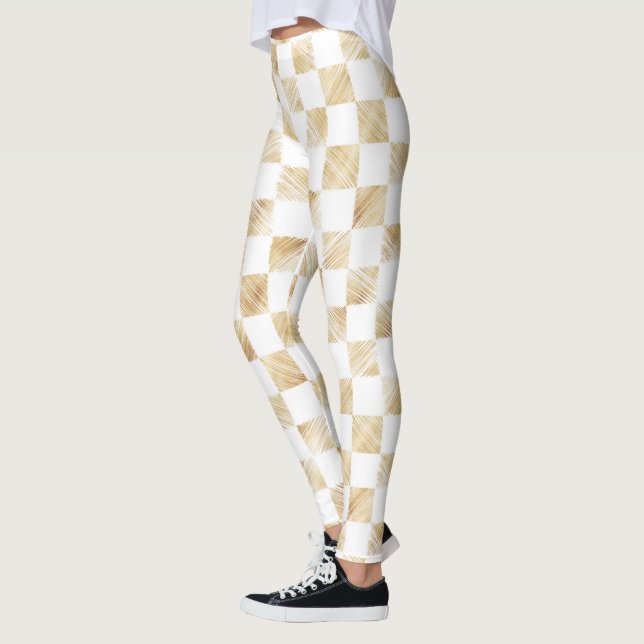 Modern White Gold Chequerboard Pattern Leggings (Left)