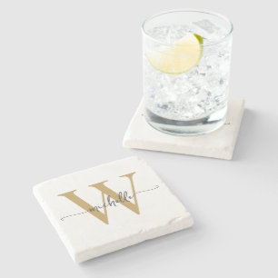 Modern White Gold Custom Monogram Name Script  Stone Coaster