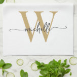 Modern White Gold Custom Monogram Name Script Tea Towel<br><div class="desc">Girly Modern Elegant White and Gold Monogram Initial Name Signature Script Custom Personalised Kitchen Towel. This design featuring your first name in a pretty hand lettered style swash tail font typography (or calligraphy) with monogram initial in gold and black on white colour background. These are easy to customise it. Great...</div>