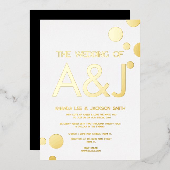Modern White Gold Dots Wedding  Foil Invitation (Front/Back)