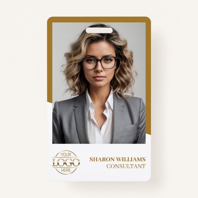 Modern White Gold Employee Photo & Company Logo ID Badge (Front)