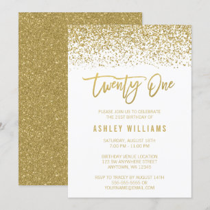 Modern White Gold Faux Glitter 21st Birthday Invitation