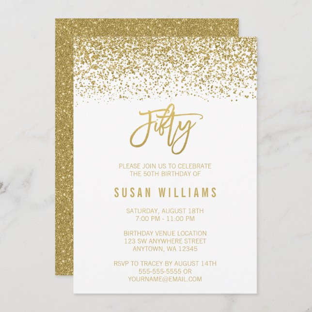 Modern White Gold Faux Glitter 50th Birthday Invitation (Front/Back)