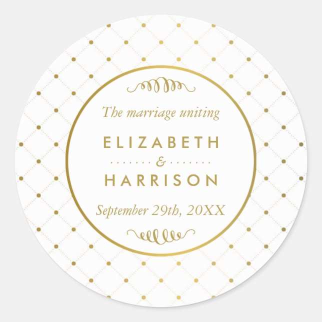 Modern White & Gold Foil Effect Wedding Favour Classic Round Sticker (Front)