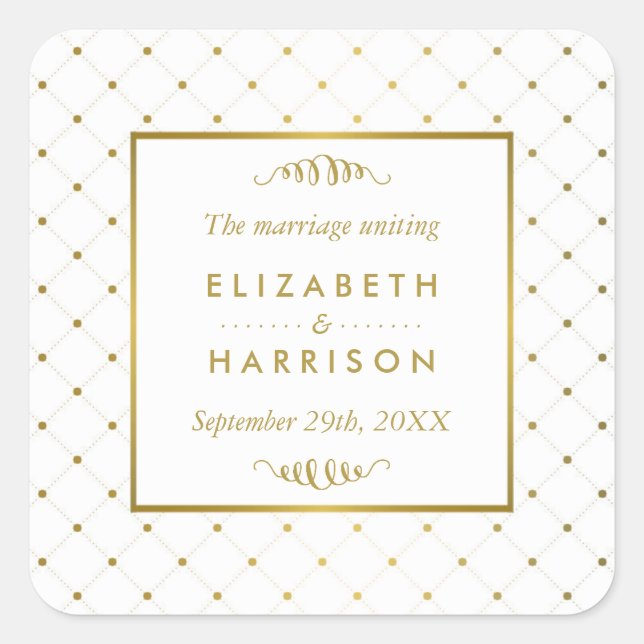 Modern White & Gold Foil Effect Wedding Favour Square Sticker (Front)