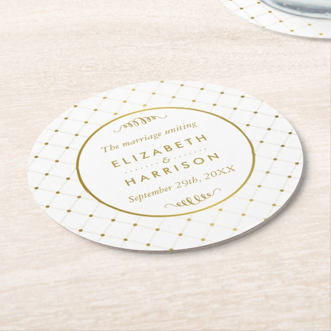 Modern White & Gold Foil Effect Wedding Round Paper Coaster (Angled)