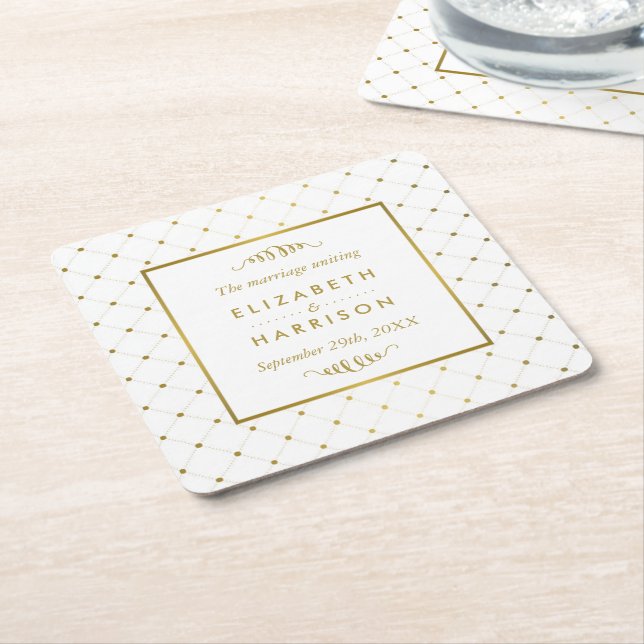 Modern White & Gold Foil Effect Wedding Square Paper Coaster (Angled)